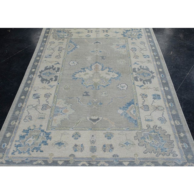 Gray Turkish Oushak Rug Green & Blue Handwoven Wool Rug 5'3" X 6'11" For Sale - Image 8 of 9
