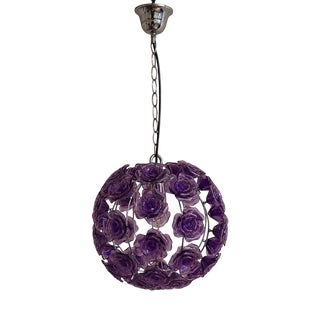 Vintage Spherical Ceiling Lamp with Chrome-Plated Metal Frame and Purple Plastic Flower Trim For Sale