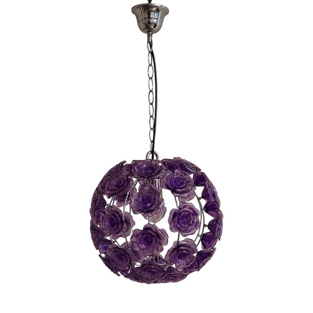 Vintage Spherical Ceiling Lamp with Chrome-Plated Metal Frame and Purple Plastic Flower Trim For Sale