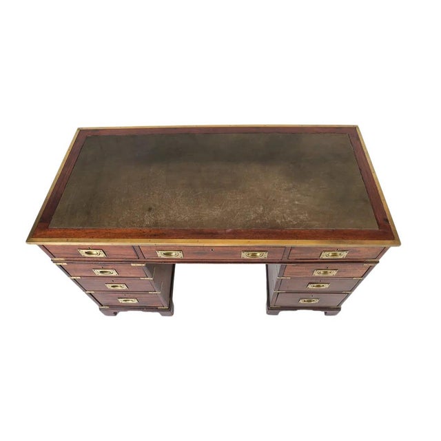 Vintage Campaign Style Mahogany and Brass Desk With Leather Top For Sale - Image 4 of 6