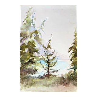 Vintage Original Double-Sided Watercolor Landscape Painting 1970s For Sale
