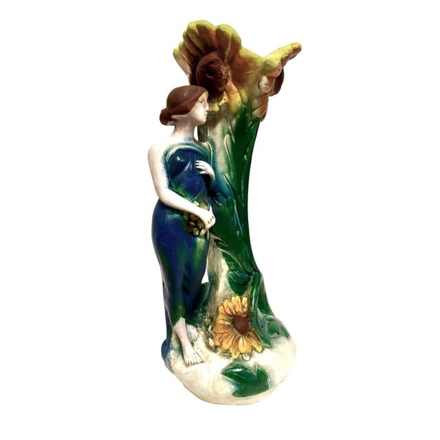 For you to consider is a large Art Nouveau chalkware sculpture vase of a maiden amongst a garden of sunflowers. Tall and...