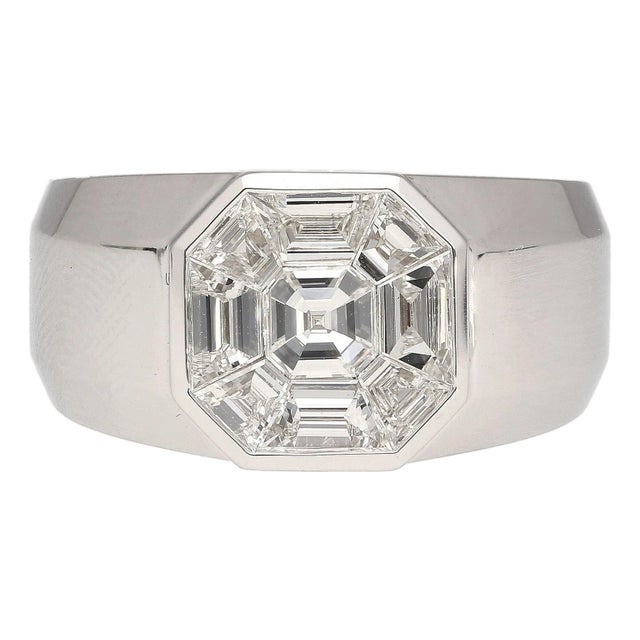 1.42 Carat Mixed Asscher Cut Illusion Set Mens Natural Diamond Cluster Ring, Size 10 For Sale