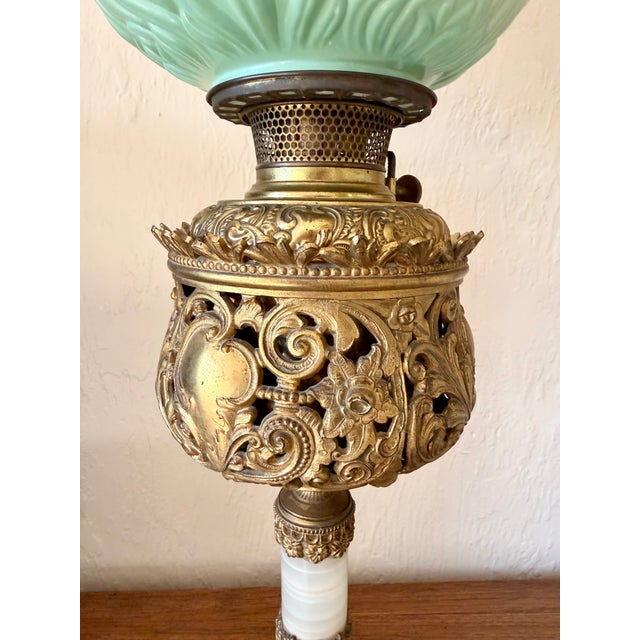 Metal Antique Bradley & Hubbard Banquet Brass & Onyx Parlor Lamp, Electrified W/ Painted Globe For Sale - Image 7 of 18