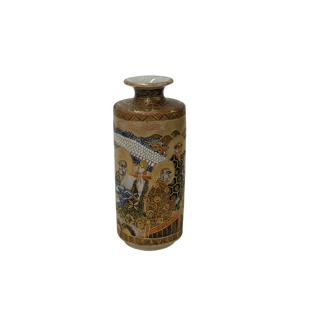 4.75"Asian Satsuma Style Cylindrical Figures Painted Porcelain Art Vase For Sale - Image 4 of 11