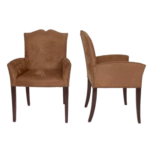 Transitional Suede With Nailheads Armchairs, Pair Of For Sale