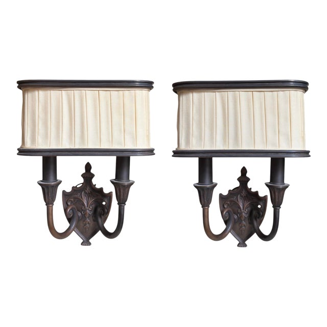 Pair of Patinated Bronze Shield Back Light Sconces by 20th Century Lighting For Sale