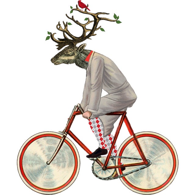 Reindeer on Bicycle Porcelain Platter 12.5" x 12.5" no markings and not signed