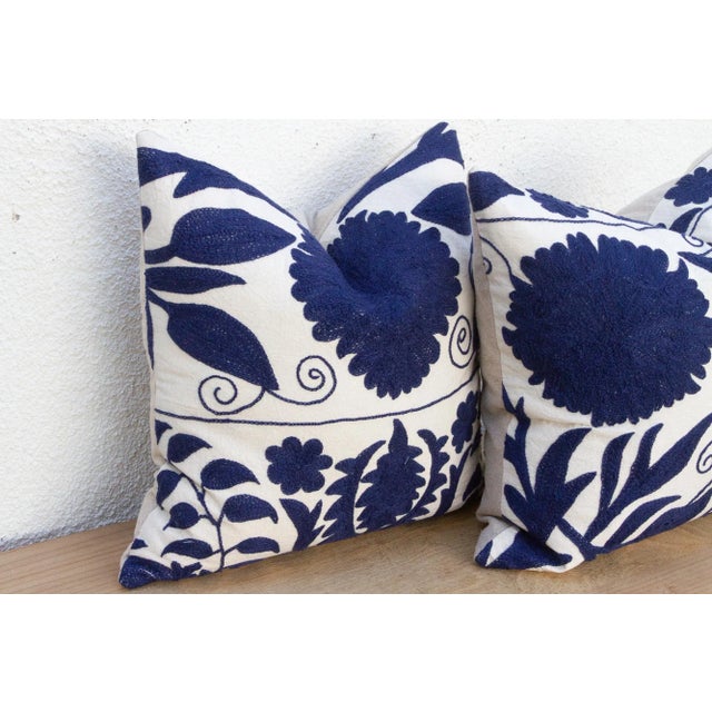 Pair of Indigo Blue Hand Embroidered Suzani Pillows For Sale - Image 4 of 8