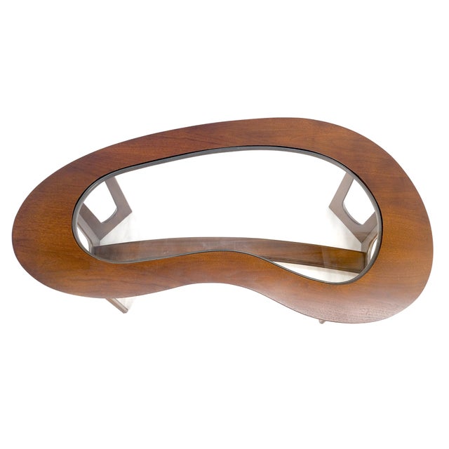 Late 20th Century Oiled Walnut Boomerang Kidney Shape Glass Top Stretcher Base Coffee Table Mint! For Sale - Image 5 of 15
