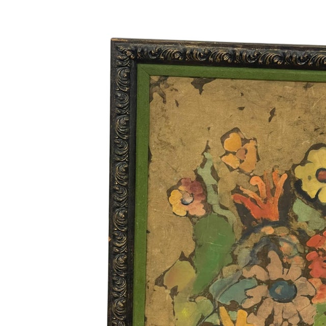 1970s Vintage Signed Floral Still Life Mixed Media Painting on Textured Board in Ornate Frame Possible Batik Print. For Sale - Image 5 of 10