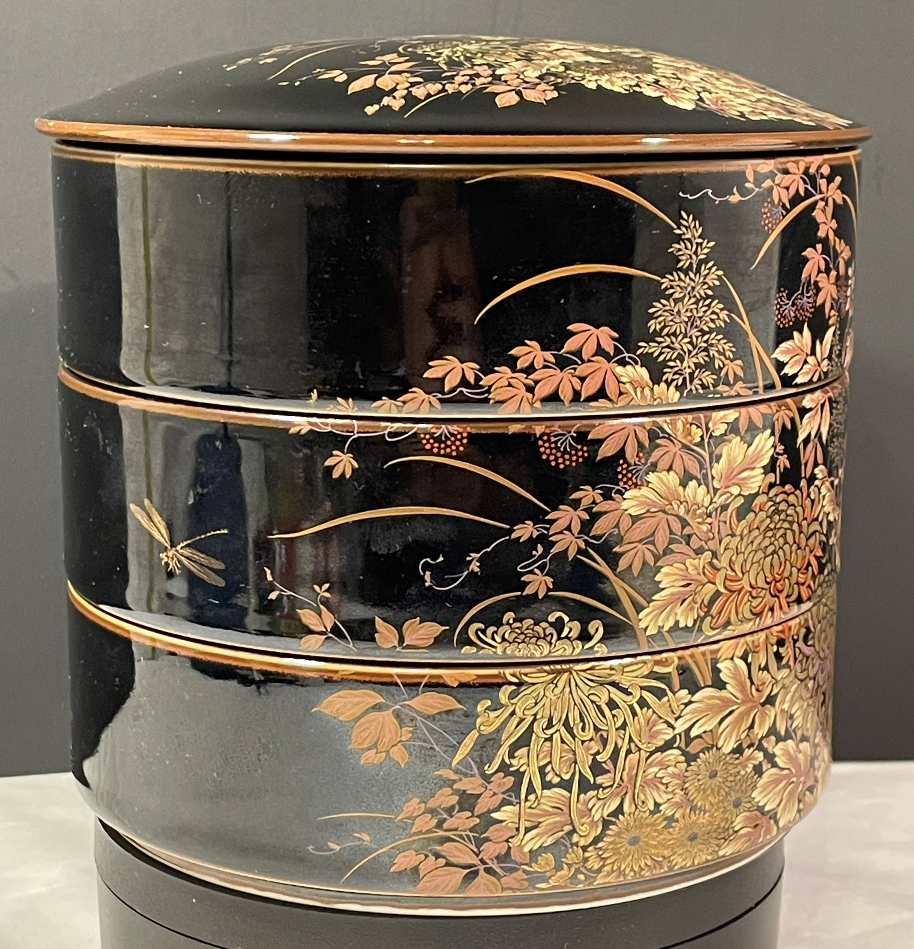 柴田陶器　七宝　小物入れ ３点 shibata chinaware japan 1960s Vintage Shibata Japanese 3 Tiered Black Porcelain Lidded Box