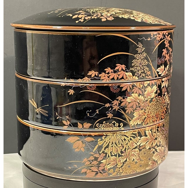 1960s Vintage Shibata Japanese 3 Tiered Black Porcelain Lidded Box Dragonflies Flower For Sale - Image 4 of 8