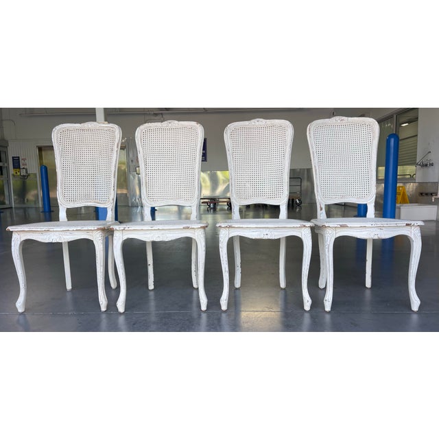 Wood Vintage Italian Louis XV Style Double Cane Dining Chairs, Set of 4, Distressed White Finish For Sale - Image 7 of 13