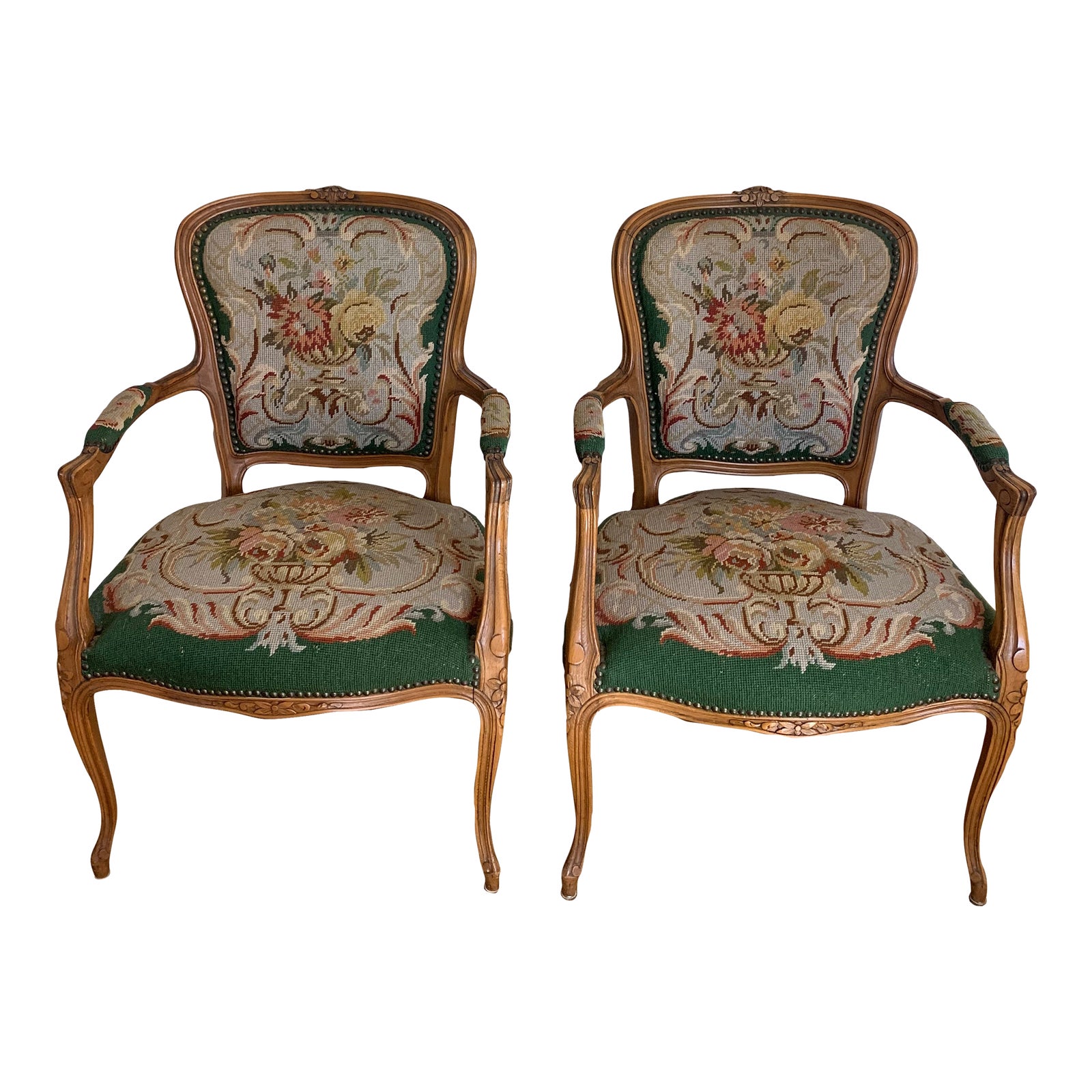 1950s Antique Needlepoint French Provincial Louis XV Accent Chairs
