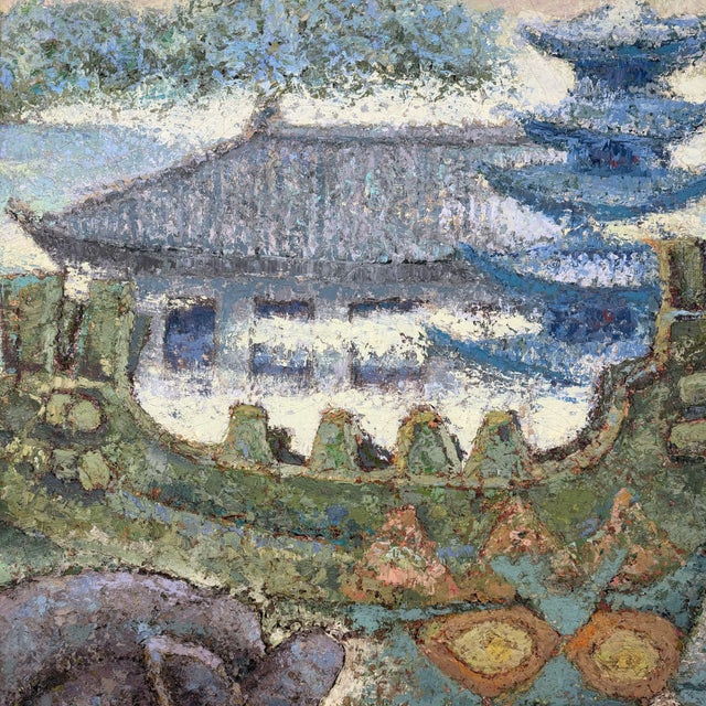 Contemporary Takahashi, Haniwa Horse & Pagoda, 1980s, Oil on Canvas For Sale - Image 3 of 11