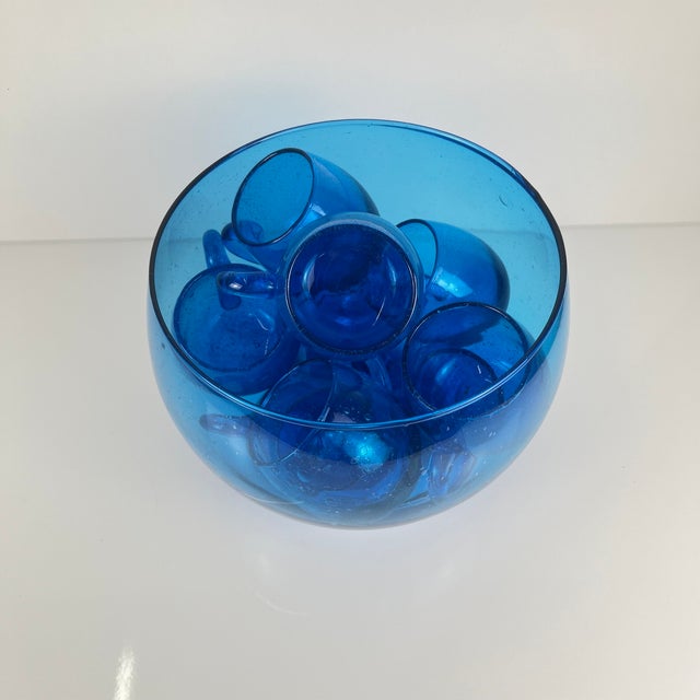 Cobalt Blue Bubbled Glass Punch Set in the style of Biot, 1970, Set of 10 For Sale - Image 9 of 14