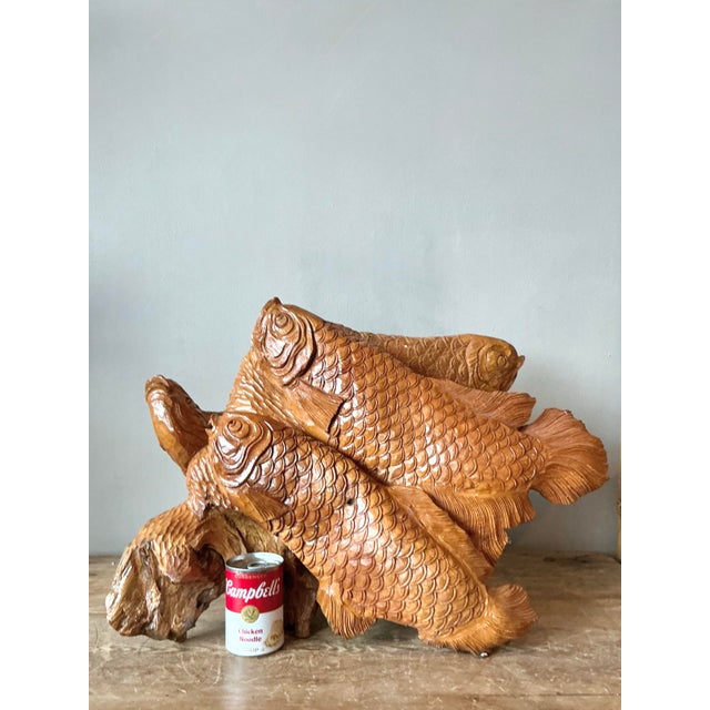 Folk Art Vintage Boho Carved Trunk Koi Sculpture For Sale - Image 3 of 8