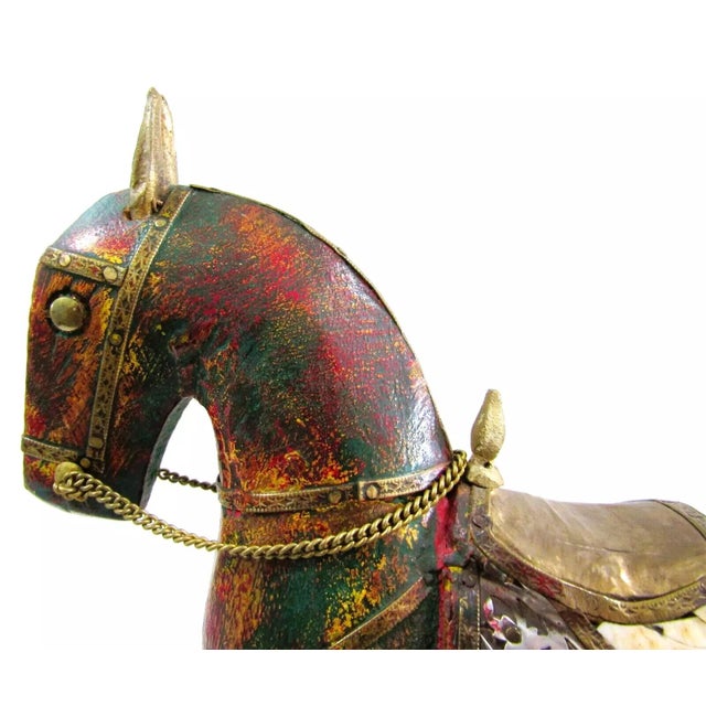 1950s Vintage Pair of Tall Solid Wood Carved Horse Sculptures With Copper and Brass Accents For Sale - Image 9 of 12
