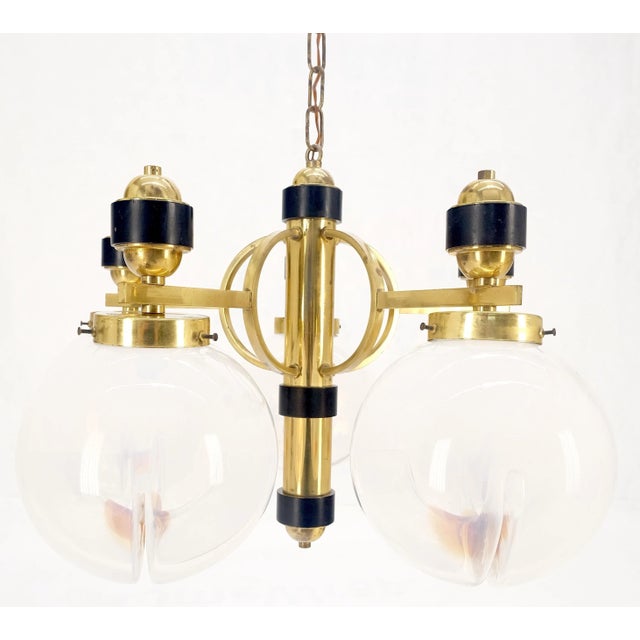 Mid-Century Modern Mid Century Milk Amber Glass 4 Globe Shades Brass Light Fixture Chandelier For Sale - Image 3 of 8