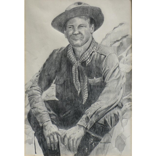 This vintage pencil drawing of a Western cowboy is a true gem for art collectors and enthusiasts. Image sight window: 10"...