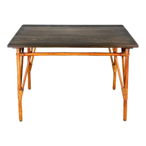 Mid-20th Century Island Style Rattan Dining Table With Ebony Black Stained Hardwood Top