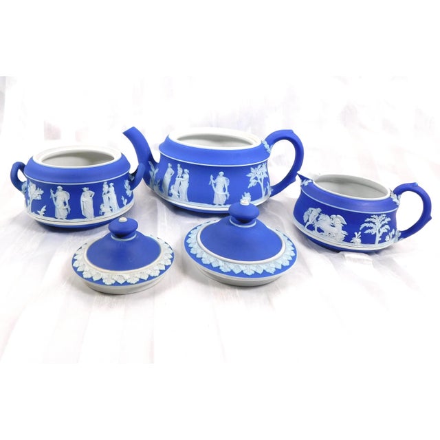 1960s Portland Blue Wedgwood Jasperware Teapot Sugar Bowl and Creamer For Sale - Image 11 of 13
