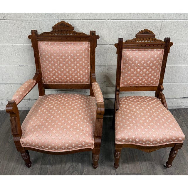 Victorian Antique Victorian Eastlake Carved His and Hers Parlor Chairs - Pair For Sale - Image 3 of 11