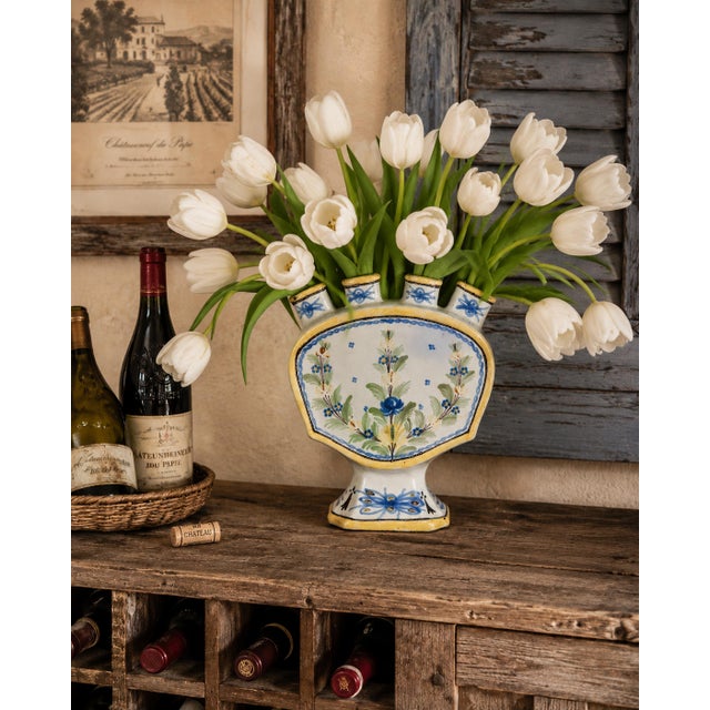 A rare antique French provincial Henriot Quimper faience tulip vase or tulipiere, circa 1890. Maker's mark on reverse....