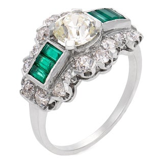 1930s Art Deco Gia 1.19 Carat Old Mine Cut Diamond Emerald Platinum Engagement Ring, Size 8 For Sale