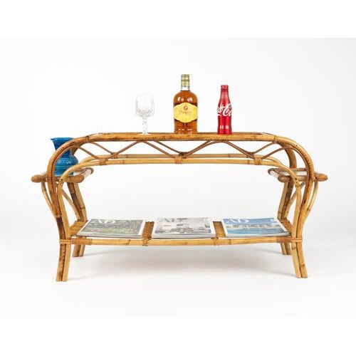 Wood Mid-Century Modern Rattan and Frosted Glass Rectangular Side Table, Italy, 1970s For Sale - Image 7 of 18