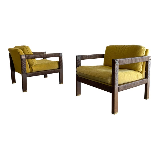Modernist Club Chairs in Rush and Brass - Set of 2 For Sale
