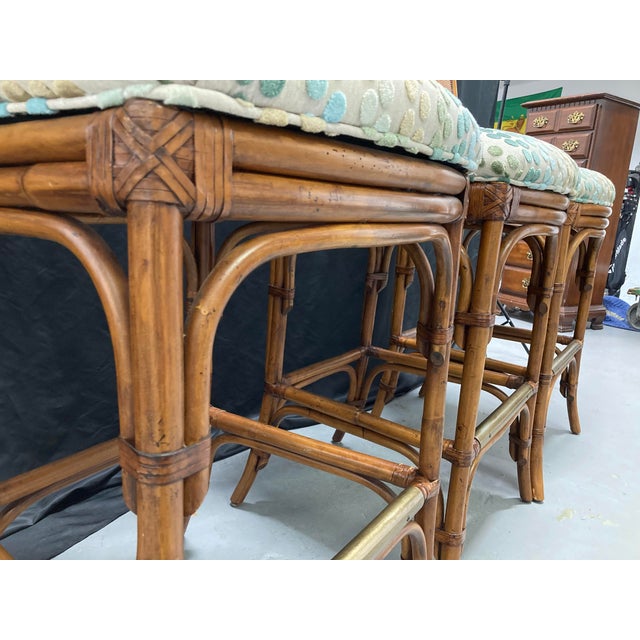 2000 - 2009 Set of 3 Tommy Bahama Rattan Bar Stools With Cane Backs & Upholstered Seats For Sale - Image 5 of 11