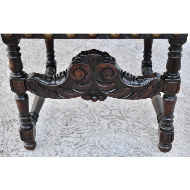 Early 19th Century Antique Tudor Carved Walnut & Tooled Leather High Back W/Brass Studs & Finials For Sale - Image 5 of 12