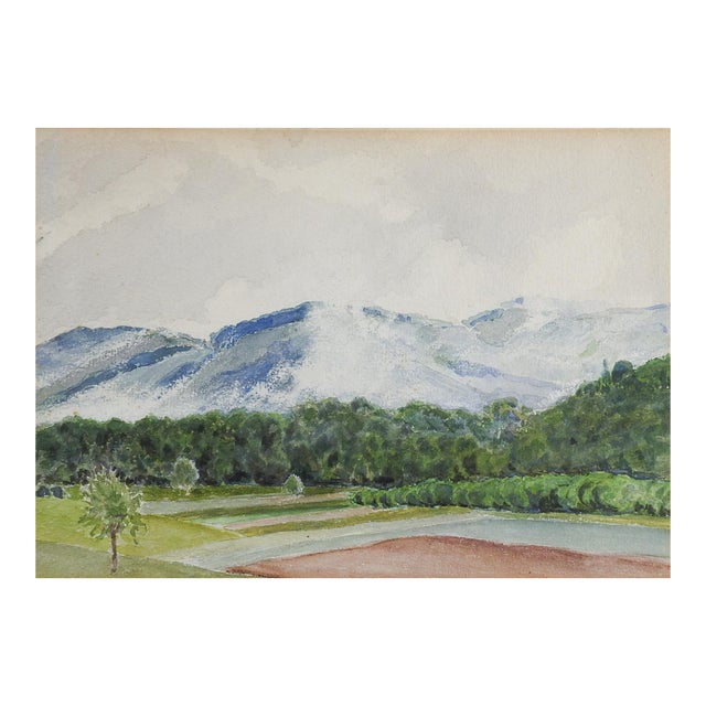 Mid 20th Century Mountains & Orchards Watercolor Landscape Painting For Sale