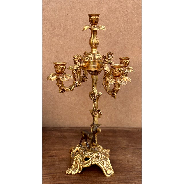 Metal Vintage Carriage Clock with Deer and Candlesticks in Gilt Bronze on Marble Base, 1940, Set of 3 For Sale - Image 7 of 12