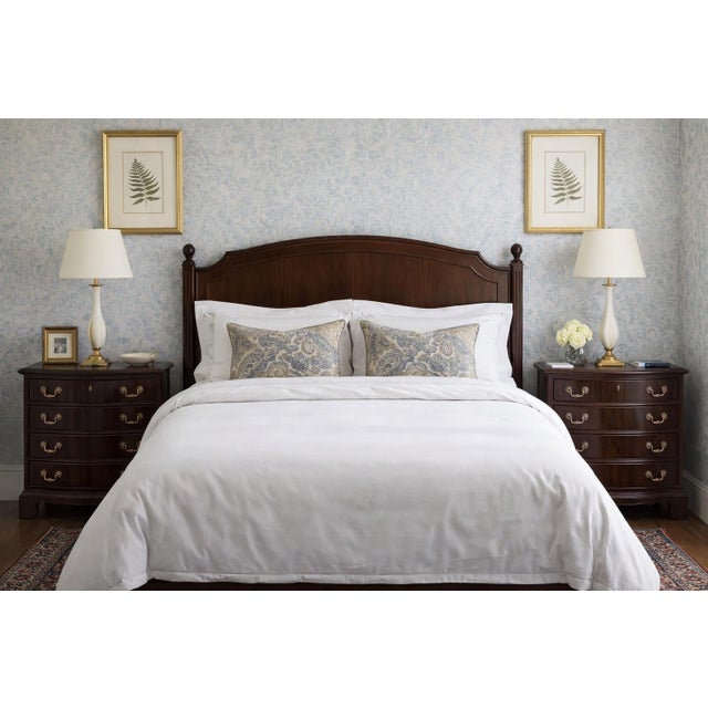 Beautiful pair of Heritage Furniture bombe-style nightstands crafted in rich, dark stained wood with elegant curved...