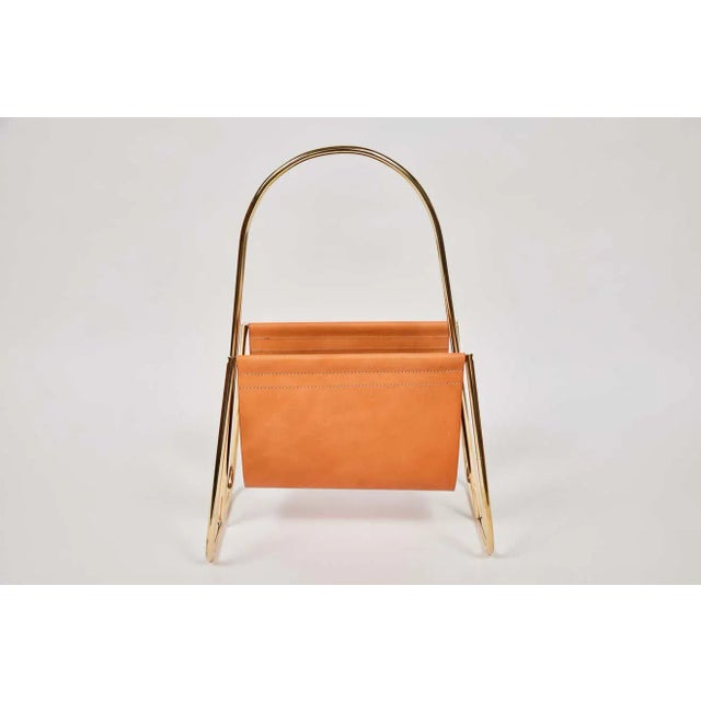 Mid-Century Modern Carl Auböck Model #4019-2 Cognac Leather and Brass Magazine Rack For Sale - Image 3 of 11