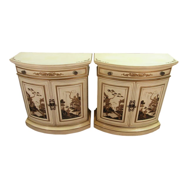 Karges Pair of Bowed Front Oriental Decorated Cabinets For Sale