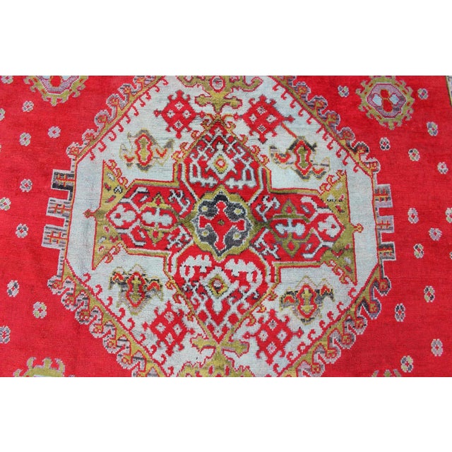 Tribal Large Antique Oushak Rug in Red, Acid Green and Ice Blue by Keivan Woven Arts For Sale - Image 3 of 12