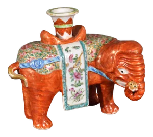 Chinese Export Porcelain Canton Famille Rose Elephant Candlestick