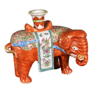 Chinese Export Porcelain Canton Famille Rose Elephant Candlestick Circa 1860 For Sale