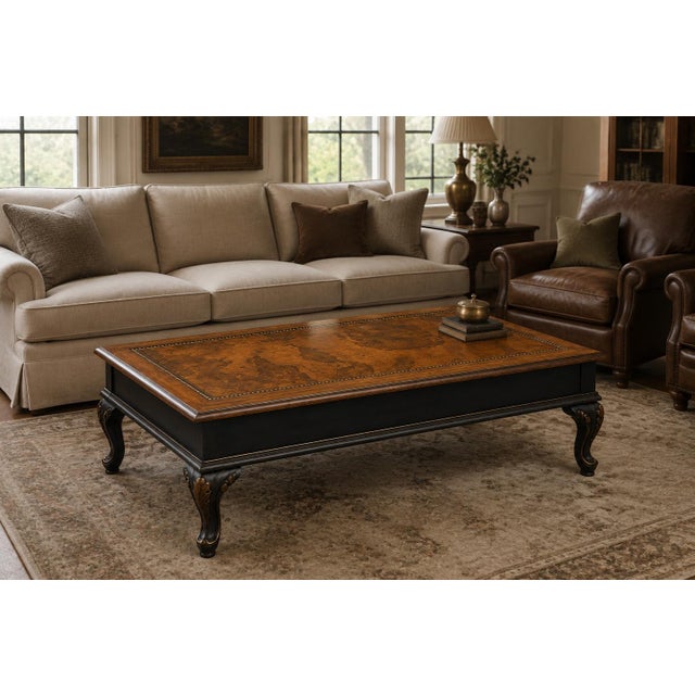 Map-Top Statement Coffee Table in Satin Walnut, Onyx Black and Aged Gold Rich in character and generous in scale, this...
