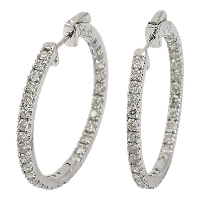 Ladies 14k White Gold Inside Out Diamond Hoop Earrings - 2 Pieces For Sale