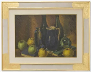 Still Life with Bottles and Books, Oil Painting, Mid-20th Century