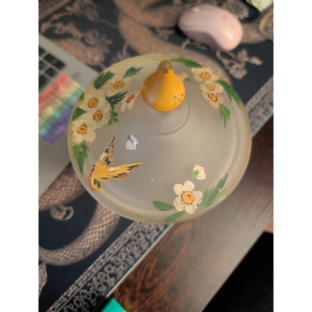 This is a vintage hand-painted satin Tiffin glass candy dish, Art-decco, early 20th-century piece. It features a frosted...