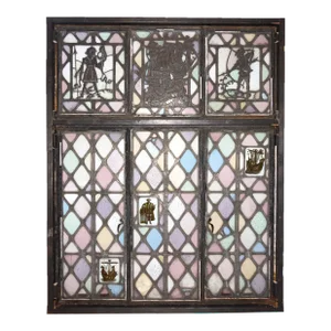 Late 19th Century Set of Tudor Revival Style Diamond Pattern Colored Leaded Glass Casement Windows