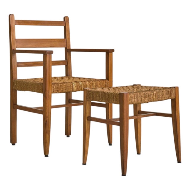 French Wood + Rope Armchair with Ottoman, 1950s For Sale