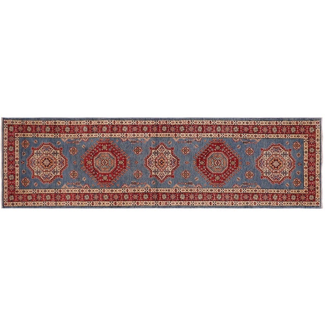 Blue Rustic Super Kazak Light Blue/Red Wool Runner Rug- 2'5'' X 9'9'' For Sale - Image 8 of 10