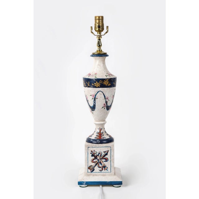 Wood Vintage White and Blue Hand Painted Wooden Urn Table Lamp For Sale - Image 7 of 9